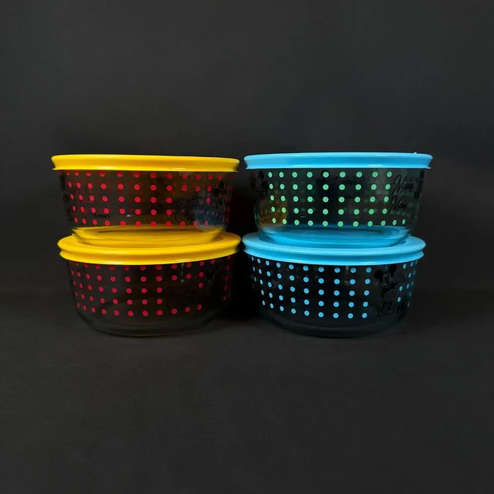 Lot of 4 Pyrex Mickey Mouse Disney Storage Bowls w lid Set Vintage 6